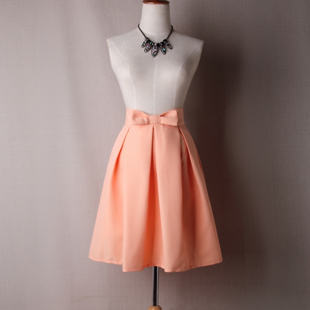 Peach bow pleated ball gown knee length midi skirt